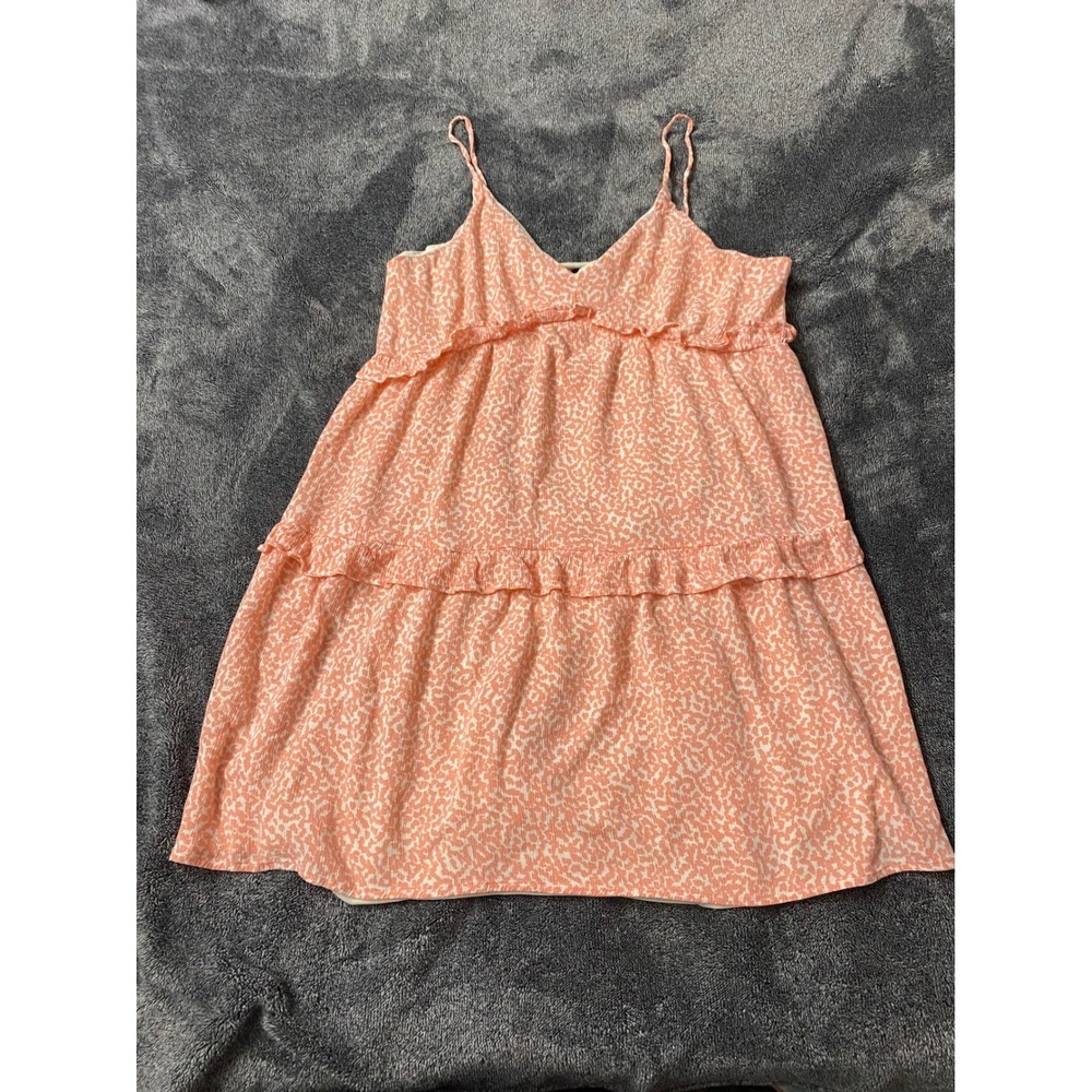 Coquette Peach Leopard Print Babydoll Cami Tiered Ruffle Summer Sun Dress Sz S